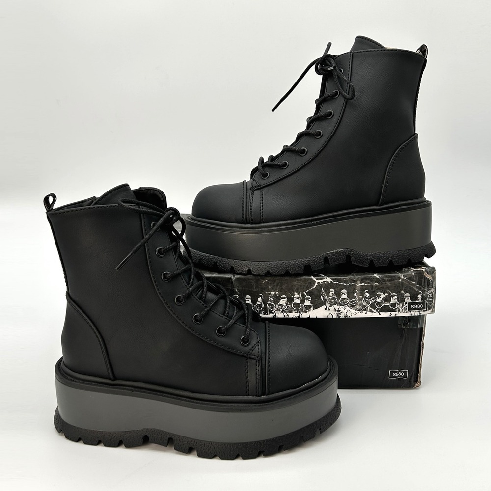Platform Ankle Boots Demonia Slacker-55 Womens Size 6 Black Vegan Leather NEW